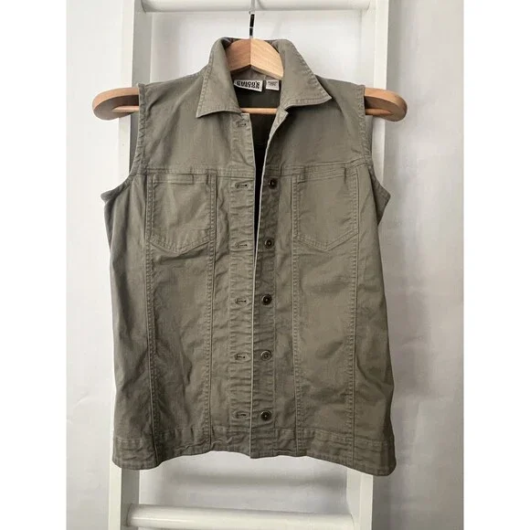 Chico's Design Button Up Twill Vest Womens S (Chico's 0) Khaki Gray Pocket Welt - Picture 1 of 15